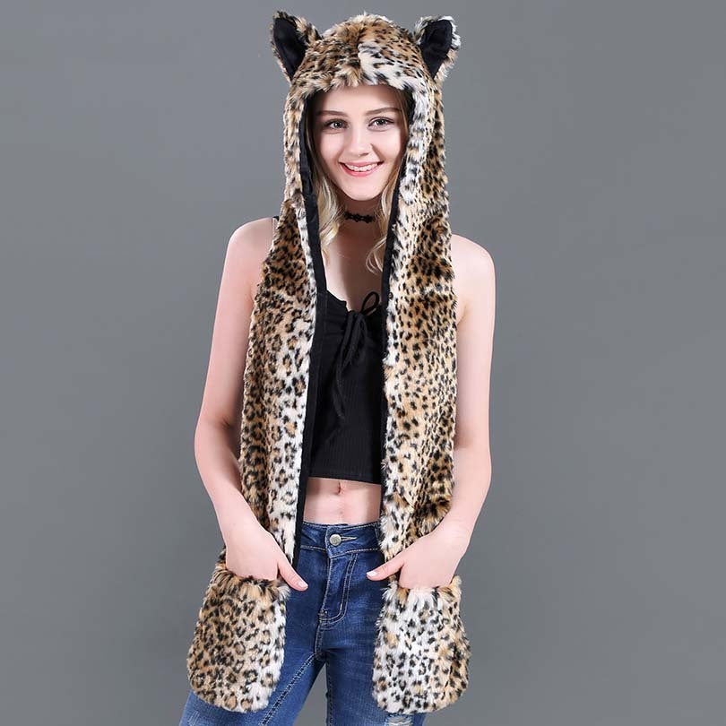 Faux Fur Straw Cartoon Animal Hat Scarf Gloves One - Bellarte Enchanté Faux Fur Straw Cartoon Animal Hat Scarf Gloves One